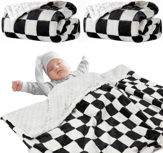 Soft Checkered Baby Blankets for Unisex Girls or Boys Breathable Gender Neutral Nursery Double Layer Blankets with Dotted Backing for Newborn Toddlers (30??X 40??