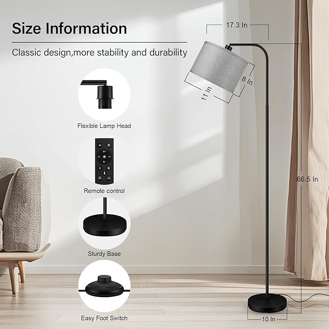 BoostArea Dimmable Floor Lamp for Living Room,Arc Sofa Lamps with Remote Control,Stepless Dimmable & Colors Temperature 2700k-6500k,67 in,Tall Modern Standing Lamp for Bedroom Study Room Office,Grey