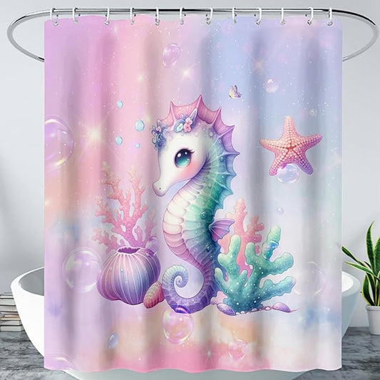 AILONEN Cute Seahorse Shower Curtain for Kids Girls,Rainbow Seahorse Bath Curtain,Ocean Coral Starfish Kawaii Shower Curtain Waterproof for Bathroom Decor with 12 Plastic Hooks, 72" W*72" H