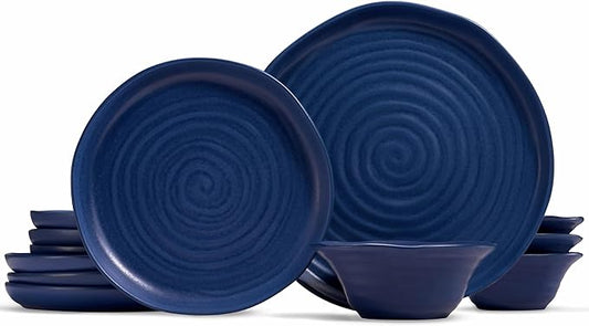 Kook Ceramic Dinnerware Set, 12 Piece, Organic Shape, Dinner Plates, Salad Plates, Soup Bowls, Microwave and Dishwasher Safe, Service for 4, Navy Spiral Pattern