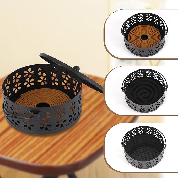 Portable Iron Mosquito Coil Holder with Handle Round Heat-Resistant Incense Holder for Home Office Camping (Black, 1Pack)