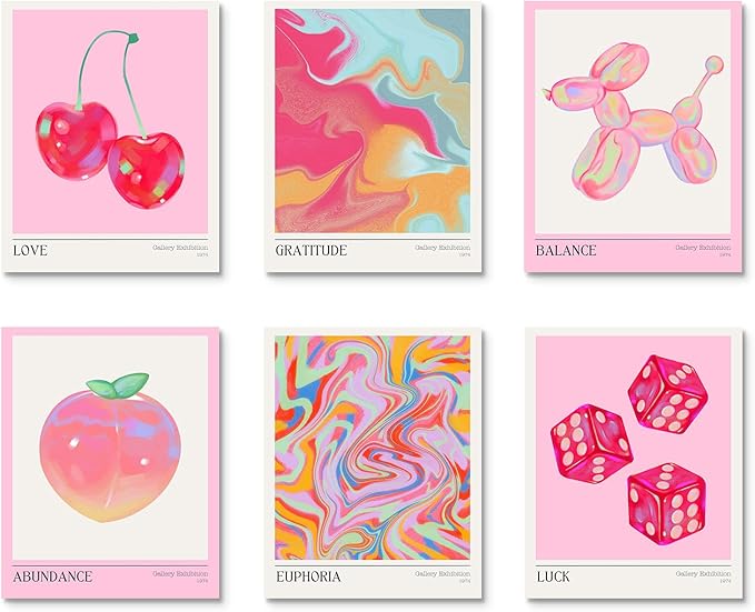 Habseligkeit Pink Cherry Wall Art Prints, Cute Wall Decors for Room Aesthtic, Posters for Girls Bedroom Decor Aesthetic Unframed, 11X14in, Set of 6