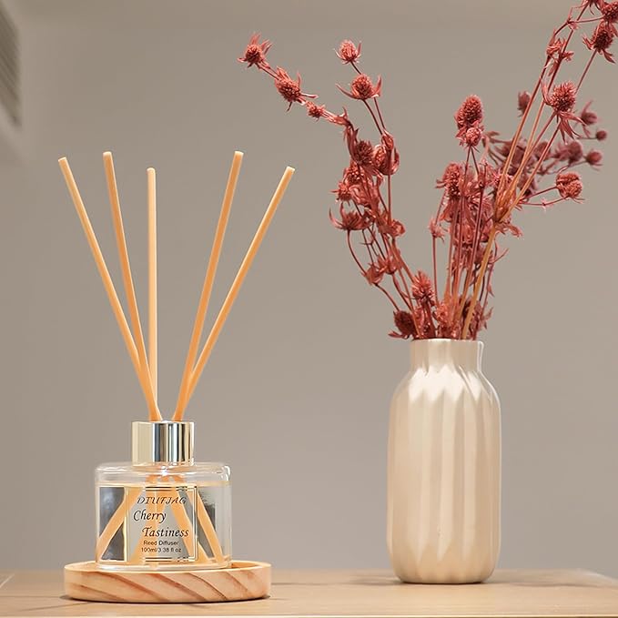 100ml Scent Diffuser with 6 Fiber Sticks, 3.5 oz Reed Diffuser Set Aromatherapy Fragrance Diffusers Air Fresheners for Home Bedroom Bathroom (Cherry)