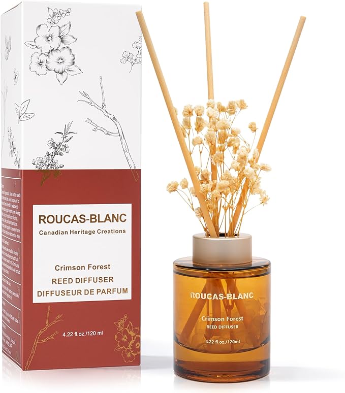 ROUCAS BLANC Reed Diffuser Set with Preserved Flowers, Tonka Bean and Woody Scented Diffuser with Sticks, 4.22 fl.oz., Room Decor & Bathroom Decor, Aromatherapy Home Fragrance Diffuser Non-Toxic Gift