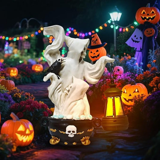 Skeletons Halloween Statues Decor Lantern - Gothic Grim Reaper Spooky Solar Lantern Statue Skeletons Crow,Outdoor Indoor Party Home Decorations Tabletop Shelf Garden Porch Yard Patio