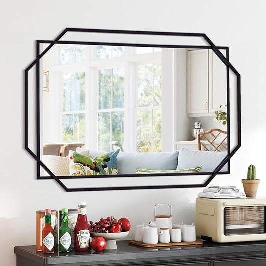 Large Decorative Bathroom Mirror for Wall with Metal Frame, Black Hanging Mirror for Wall, Living Room, Dining Room, Entryway (48.5"x32.5")
