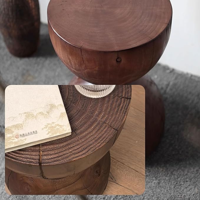 Natural Wooden Pillar Side Table – Round Tree Wood Drum-Shaped Coffee Table, Side Table for Balcony, Courtyard, Garden, Living Room Decoration – Modern Stool Design, Stable Base(Color:Brown)
