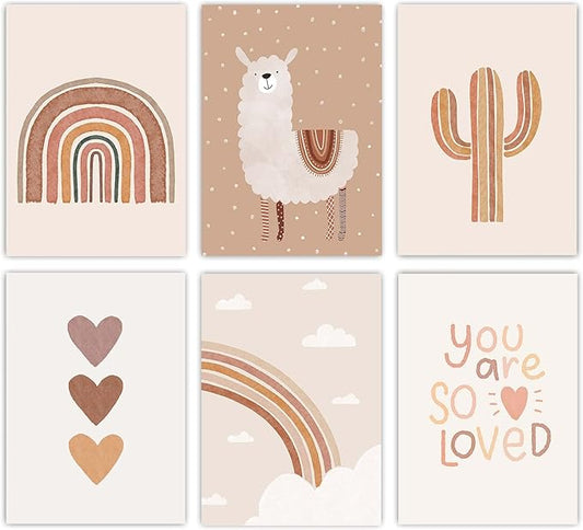 Canssape 6pcs Boho Baby Room Decor Poster, Canvas Wall Art Prints, Rainbow Nursery Wall Decor, Unframed Kids Wall Decor for Baby Girl Room Art, Heart Color, Animal Theme, Watercolor, 8x10 inch