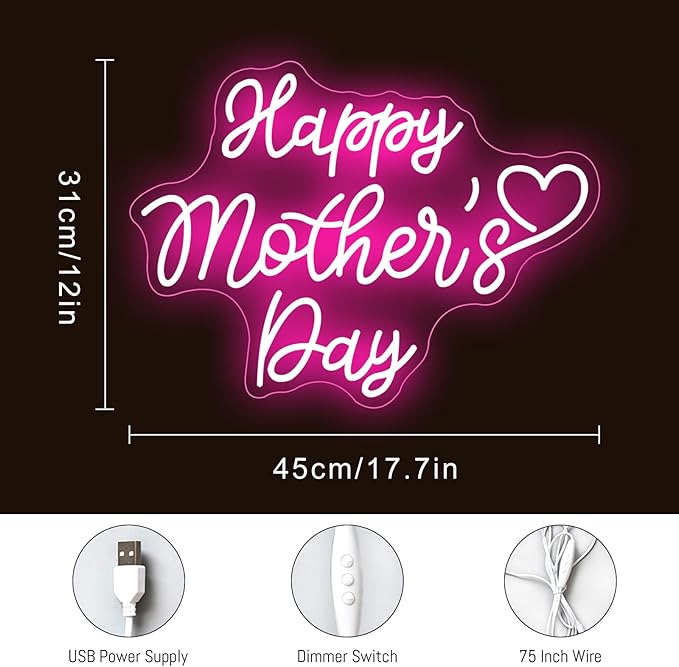 Happy Mother's Day Neon Sign Mother's Day Party Backdrop LED Neon Light Home Room Wall Decor Gift for Mom Wife Birthday with Dimmable Switch