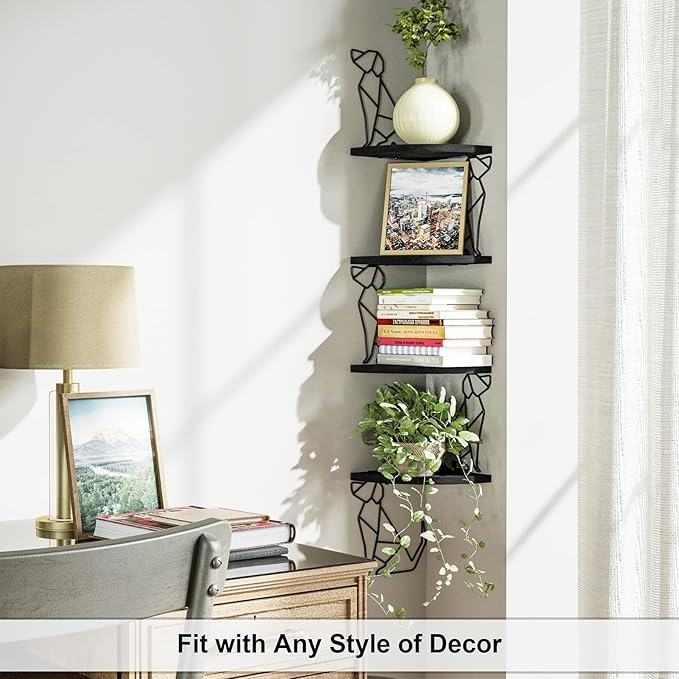 Alsonerbay Black Corner Shelf Wall Mount, 4 Tier Floating Shelves for Wall Storage, Rustic Wall Shelves Wood Shelves for Bedroom, Living Room, Bathroom, Entryway, Garage (Dog Shaped)