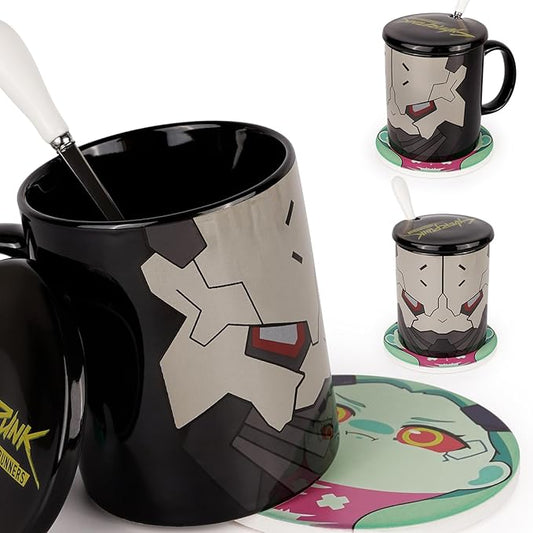 12oz Ceramic Mug Set - 4-piece Coffee Mugs with Lid, Coaster & Spoon - Perfect for Fans of Cyberpunk Aesthetic &Sci-Fi (Black)