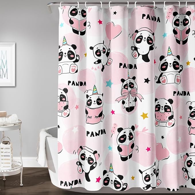 AILONEN Panda Shower Curtain for Bathroom, Cute Kawaii Panda Kids Bathroom Curtain,Pink Cartoon Bath Curtain 36" W*72" H Polyester Waterproof Bathroom Curtain with 12 Hooks