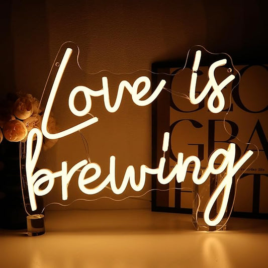 Love Is Brewing Neon Sign for Wall Decor, Warm White Led Signs for Bridal Shower, USB Dimmable Neon Lights for Bedroom Home Coffee Themed Bar Wedding Engagement Party Garland Decoration
