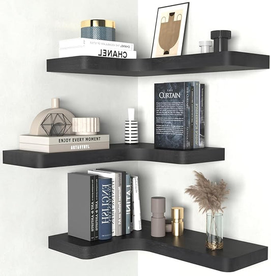 SAUMONIERES Corner Floating Shelves Wall Mount Shelf Solid Wood for Bedroom Bathroom Room Kitchen Storage Set of 3, Black, Invisible Brackets