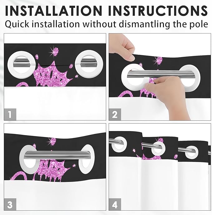 King and Queen No Hook Shower Curtain with Snap in Liner, Black and Pink Glitter Bath Curtain with Double Layers Waterproof Fabric and Mesh Top Window 71x74 Inch