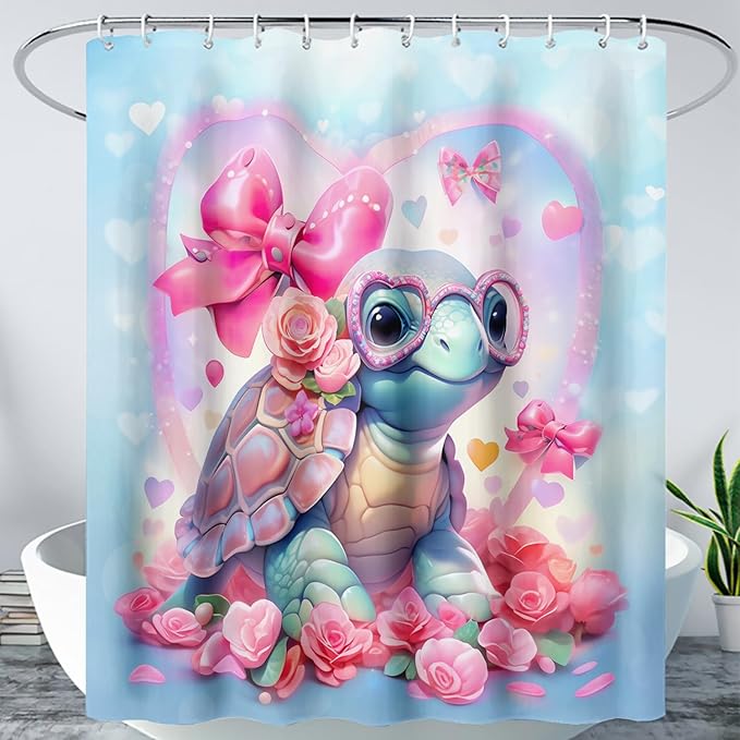 AILONEN Cute Sea Turtle Shower Curtain for Bathroom,Kawaii Turtle Pink Flower Print Bath Curtain 60" W*72" H,Girls Women Modern Decorative Waterproof Curtain with 12 Plastic Hooks