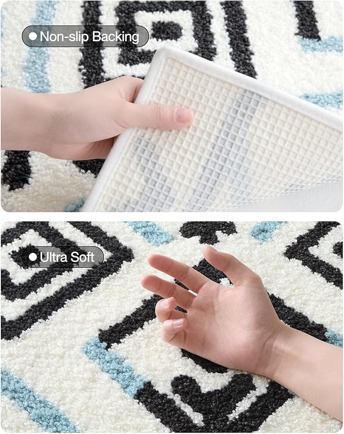 LUMI Bathroom Rugs 20x32, Highly Absorbent Non Slip Machine Washable Floor Mat, Ultra Soft Fluffy Plush Bath Mat for Bathtub Bathroom Shower Home Decor(Blue Black White)