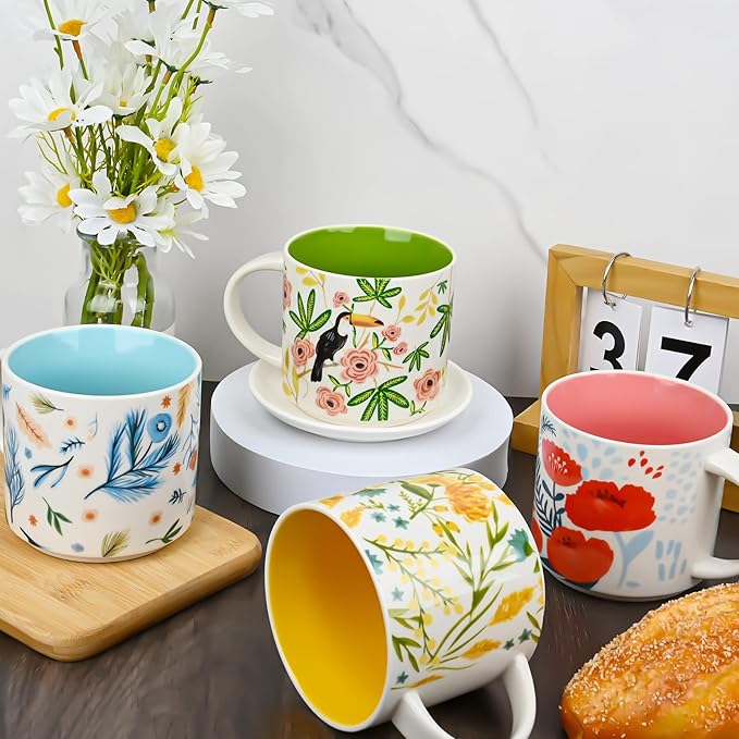 Yoiemivy Ceramic Coffee Mugs Set of 4, 16 oz Large Spring Flower Mugs Vintage Floral Coffee Cups with Handles Cute Aesthetic Easter Mug Solid Restaurant Porcelain Tea Mug - Gifts for Women Mom