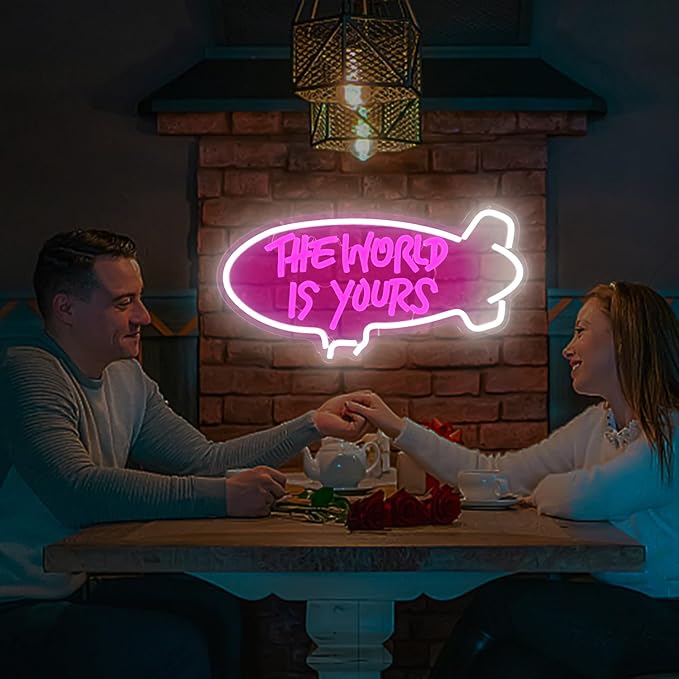 The World Is Yours Neon Signs for Wall Decor Dimmable Airship Led Neon Signs Light Up Signs for Bedroom Wedding Neon Lights Signs for Valentines Day Bar Club Decor Birthday Party Gift