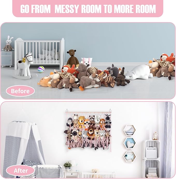 Stuffed Animal Net or Hammock Large Corner Storage for Plushies Stuffed Animals Zoo Wall Hanging Organizer Holder for Toy Hammock, Space-Saving Kids Nursery Decor (Pink)