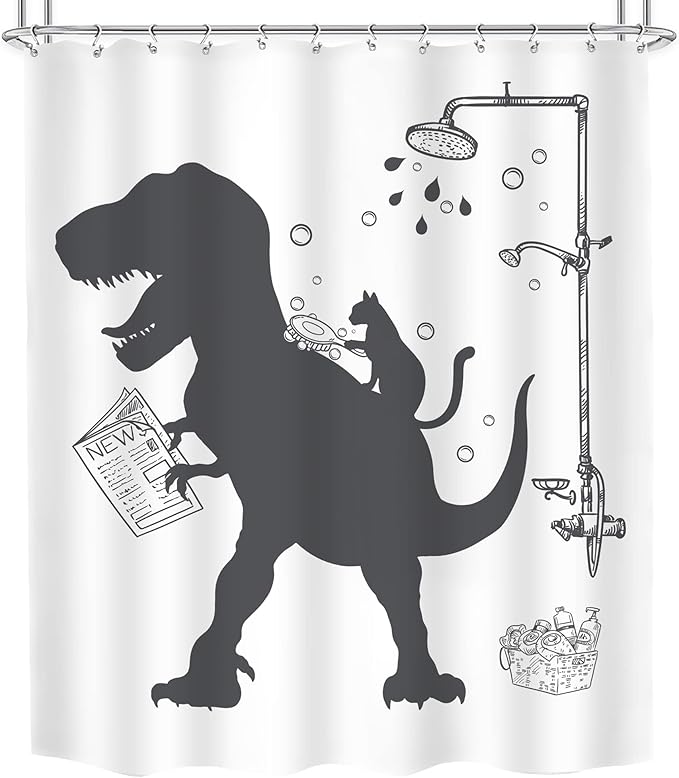 LGhtyro Funny Dinosaur Kid Shower Curtain Bathroom Set 60Wx71H Inches Cartoon Dino Cat Trex Animal Raptor Silhouette Shadow Bath Accessories Black White for Boys Art Home Decor Fabric 12 Pack Hooks