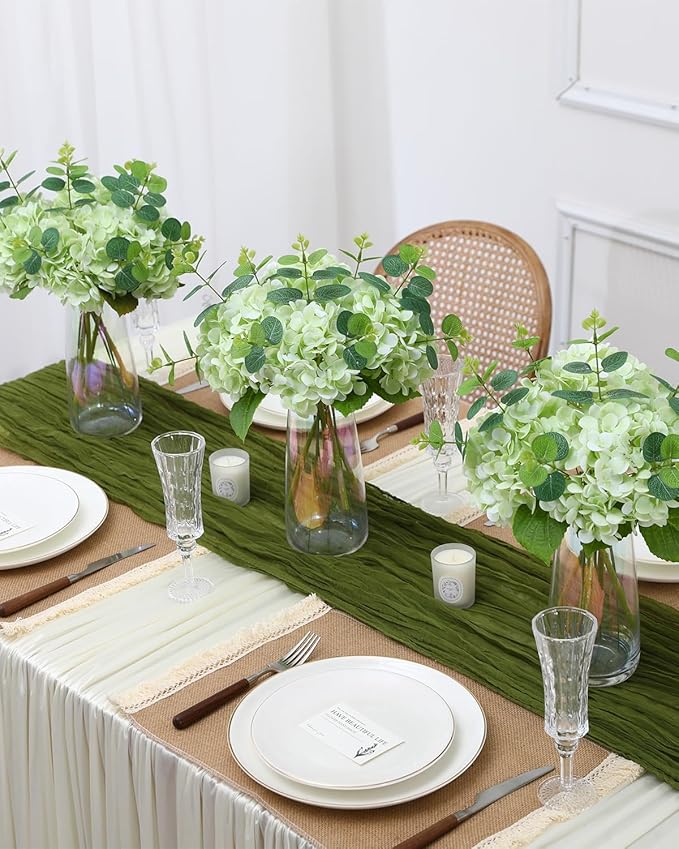 Tifuly Fake Hydrangea Artificial Flowers with Vase 4pcs Real Touch Faux Hydrangea with 3pcs Eucalyptus Stems for Wedding Centerpiece Home Party Table Decoration（Green）
