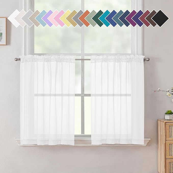 Aiyufneg White Sheer Valance for Window Curtains 24 Inch Length, Light Filtering Kitchen Valances, Small Voile Sheer Curtains for Living Room/Bathroom/Basement, Dual Rod Pocket, 2PCS, 40W x 24L Inch