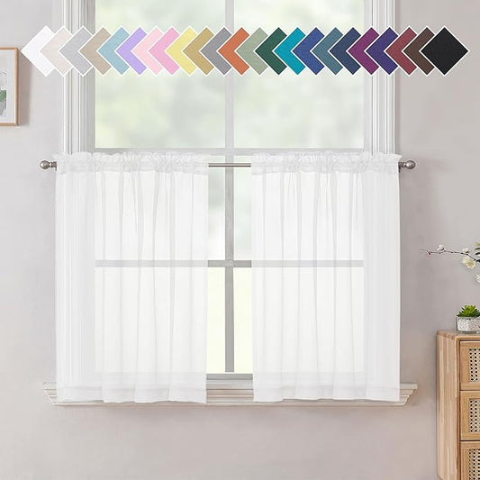 Aiyufneg White Sheer Valance for Window Curtains 24 Inch Length, Light Filtering Kitchen Valances, Small Voile Sheer Curtains for Living Room/Bathroom/Basement, Dual Rod Pocket, 2PCS, 40W x 24L Inch