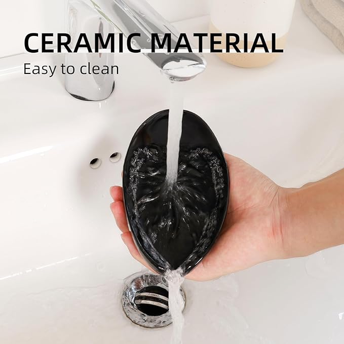 Soap Holder, Self Draining Soap Dishes 2PCS, Leaf Shape Ceramic Bar Soap Holder Drain Soap Dishes for Bathroom Sink Kitchen, Easy to Clean Keeps Soap Dry, Black, ANTIS'S HOME