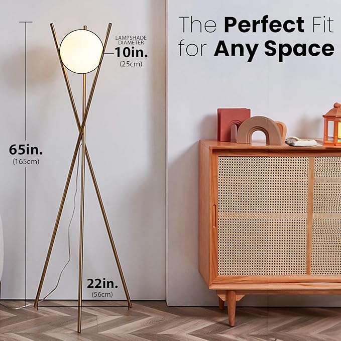 Solstice Modern Frosted Glass Globe Floor Lamp (165cm) Contemporary LED Dimmable Lighting for Bedroom, Living Room, Hotel & Home Office (Gold)