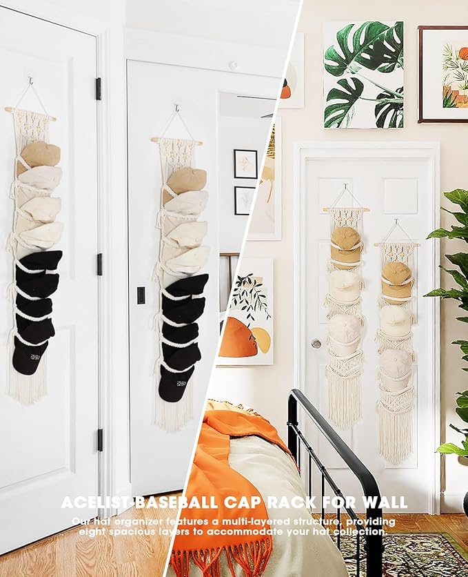 AceList 2-Pack Organizer for Baseball Caps, Macrame Hat Hangers for Wall and Door, Boho Hat Rack with Macrame Wall Decor - Effortless Storage and Display of Hats (Up to 32 Caps)