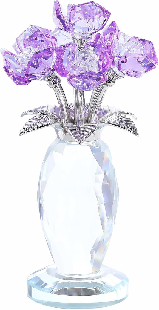 Crystal Purple Rose Bouquet Figurines Gifts for Women Romantic Flowers Ornament for Home Decor Anniversary Birthday Valentine's Day Presents for Girlfriend Wife Partner