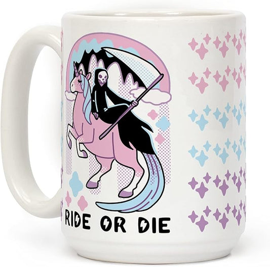LookHUMAN Ride or Die - Grim Reaper and Unicorn White 15 Ounce Ceramic Coffee Mug