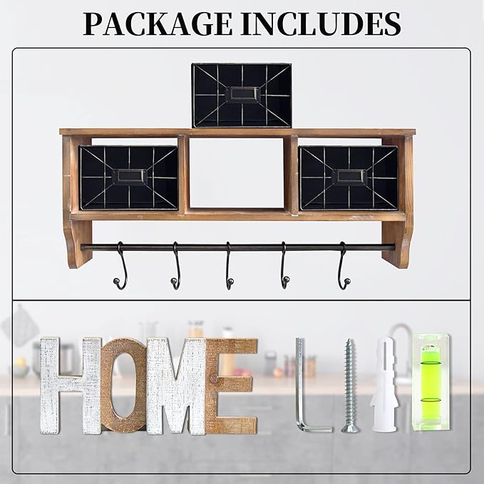 Coffee Bar Shelf with Baskets and Hooks, Wall Mounted Storage Hanging Coat Rack Shelf for Entrance, Bathroom, Living Room and Kitchen