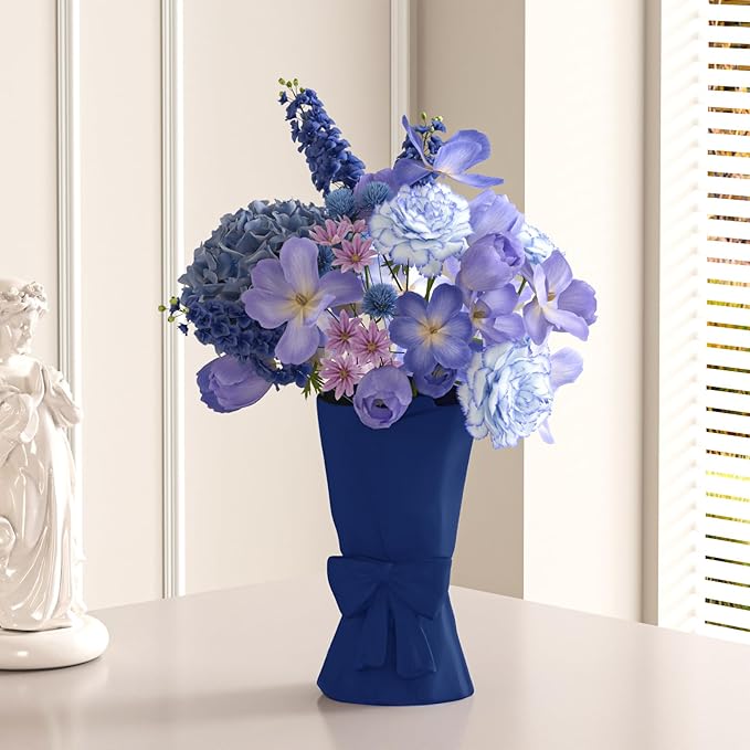 Blue Ceramic Bow Vase 9.64 in Unique Cute Modern Decorative Bouquet Flower Vases for Home Living Room Table Decor Women Girl Gifts