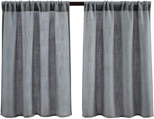 Valea Home Burlap Tier Rod Pocket Curtains for Short Kitchen Windows, Rustic Tan, 36 inch Linen Cafe, Grey, Set of 2