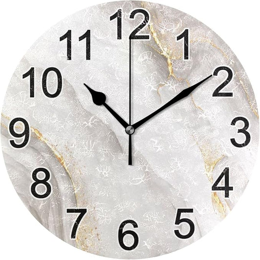 White Gold Marble Wall Clock Non Ticking Silent Kitchen Clock Large Battery Operated Clocks 10 inch for Living Room Bedroom Decor