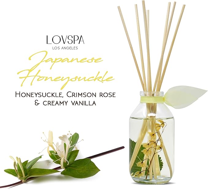 LOVSPA Japanese Honeysuckle Reed Diffuser Set - Fresh Floral Bouquet Scent Diffuser - Reed Diffusers for Home with Long Lasting Fragrance - Non-Toxic Oil Reed Diffuser - Made in The USA