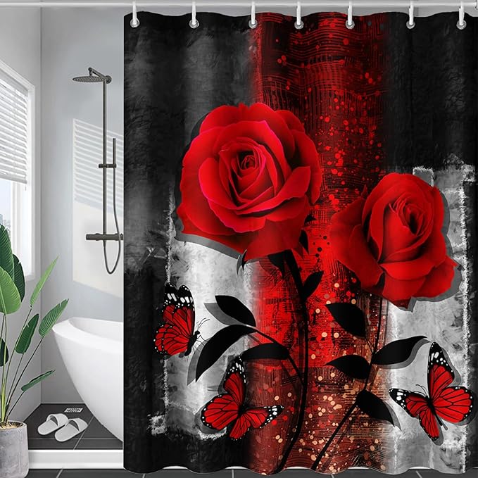 AILONEN Red Rose Shower Curtain for Bathroom, Romantic Rose Flower Bath Curtain,Grey Abstract Waterproof Floral Butterfly Print Shower Curtain Decoration with 12 Plastic Hooks, 60" W*72" H