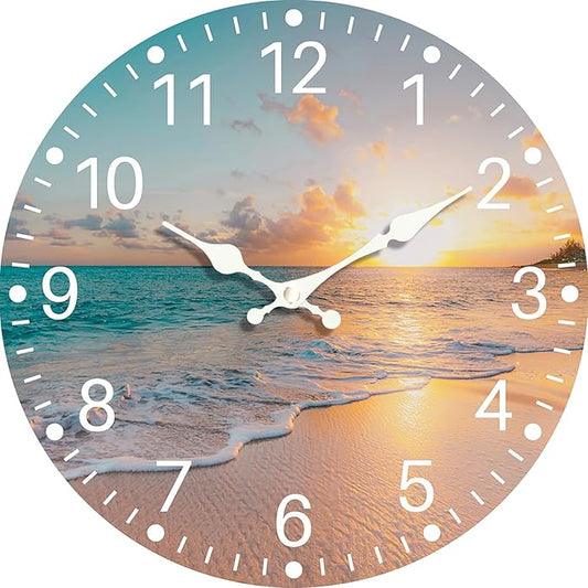 Sea Beach Blue Sky Sand 10 Inch Wooden Wall Clock - Silent Non-Ticking Battery Operated Decorative Clock for Kitchen, Home, Bedroom, and Office