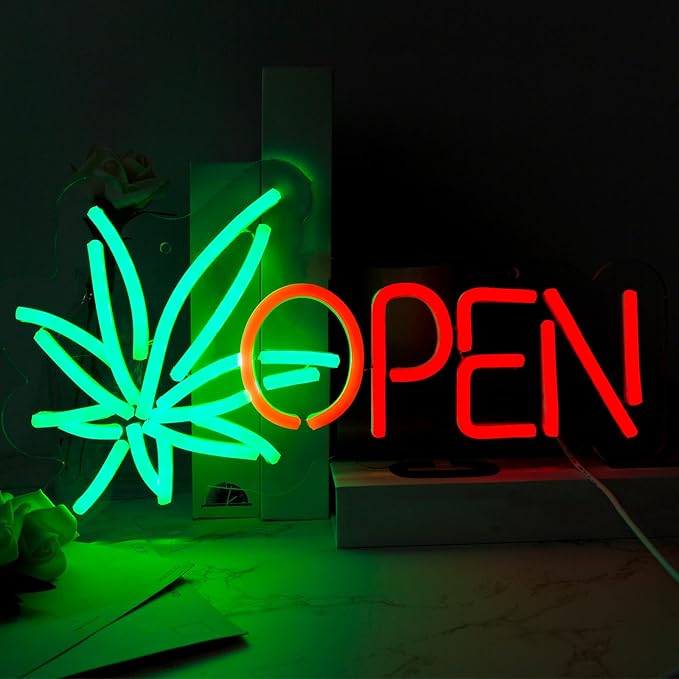 Open Neon Sign, Neon Signs for Wall Decor, Dimmable Neon Green Leaf LED Signs for Bedroom Aesthetic, Light Up Neon Signs for Hotel Beer Bar Man Cave Club Pub Party Decorations