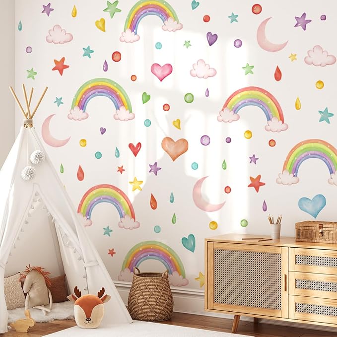 Watercolor Rainbow Wall Decor Stickers Small Rainbow Wall Decal Rainbow Heart Moon Wall Stickers for Girls Boys Baby Bedroom Nursery Wall Decor