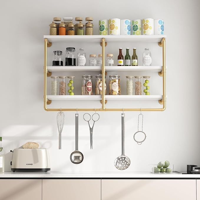 HOMEKAYT 48'' Industrial Pipe Shelving Floating Wall Shelves 3 Tier Gold Shelves Multiple Use for Kitchen, Bedroom,Living Room,Bathroom