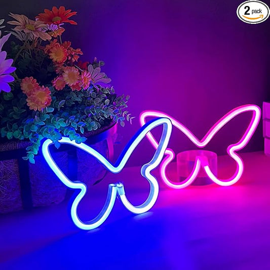 2 Butterfly Neon Signs, LED Night Lights for Bedroom & Kids Room Decor, USB/Battery Powered for Wedding, Birthday Parties & Art Decorations