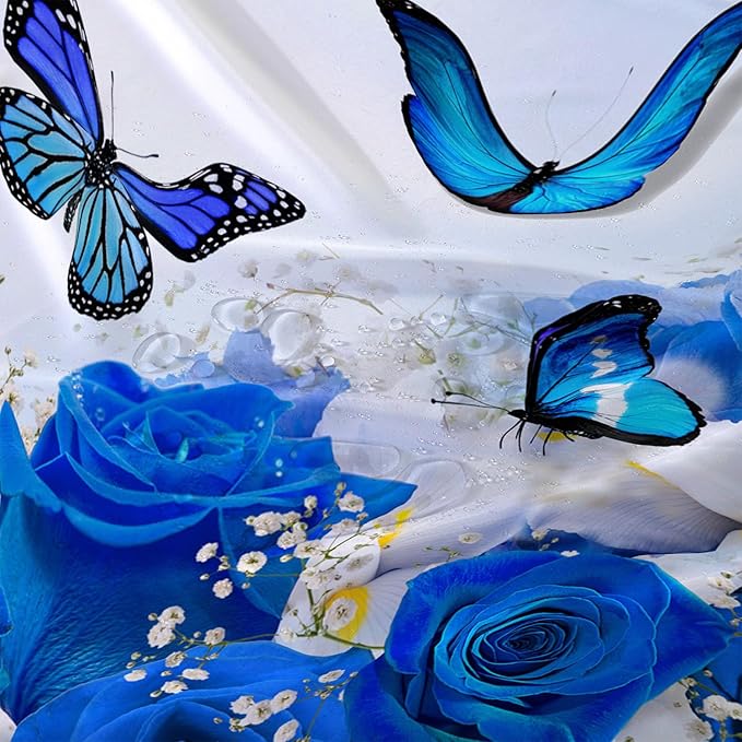 AILONEN Butterfly Shower Curtain for Girl Women,Blue Rose Shower Curtain Butterfly Floral Decor Bath Curtain 72" W*78" H Polyester Fabric Waterproof Bathroom Bathtub Curtain with 12 Hooks