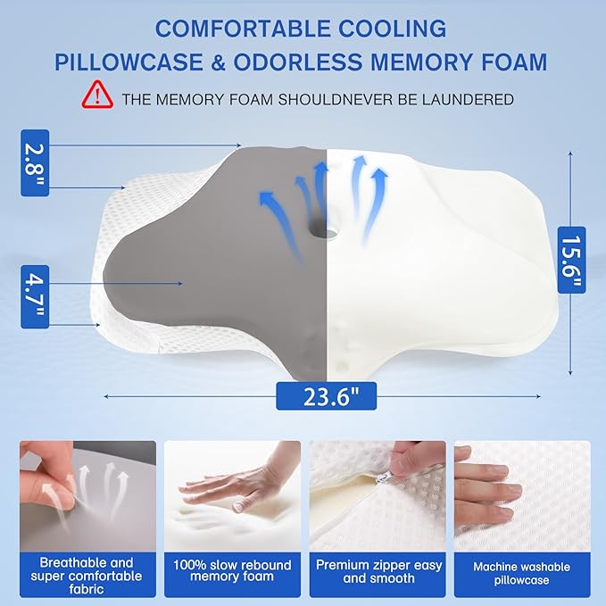 Cervical Neck Pillow for Sleeping, Height Adjustable Ergonomic Pillow Cozy Sleeping, Medium-Firm Memory Foam Pillows, Contour Bed Pillow for Side Back Stomach Sleepers, Light Grey (Queen Size)