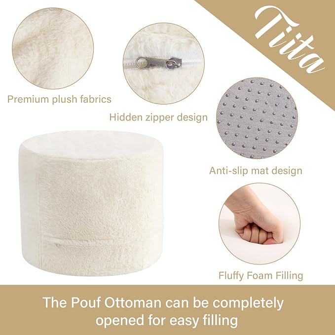 Tiita Round Stuffed Pouf Ottoman, Plush Poufs with Foam Chunk Filling, Foot Rest Stool for Living Room, Cream
