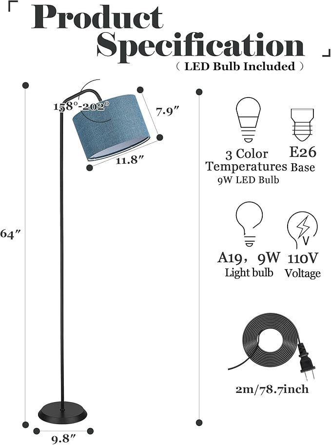 ELYONA LED Floor Lamp with 3 Color Temperatures, Modern Reading Standing lamp with Blue Linen Adjustable Hanging lampshade, Tall Pole Metal Lamp with 9W Bulb for Bedroom, Living Room, Office