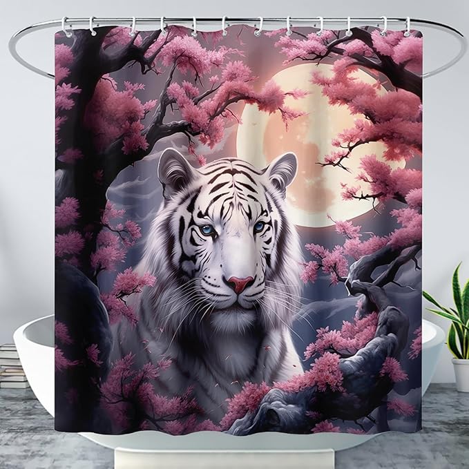 AILONEN Tiger Shower Curtains for Girls,Pink Flower White Tiger Bath Curtains for Bathroom Decor,Wild Animal Curtains Polyester Waterproof with 12 Plastic Hooks 72" W*78" H