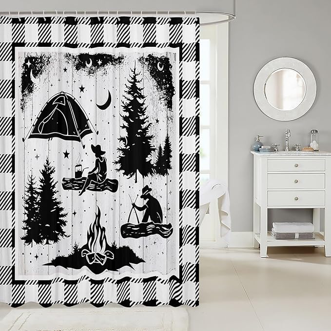 Feelyou Happy Camping Shower Curtain White Wooden Fabric Shower Curtain for Kids Rustic Farmhouse Style Bathroom Waterproof Accessories with 12 Hooks Black and White Plaid Curtains,72X78 Inches